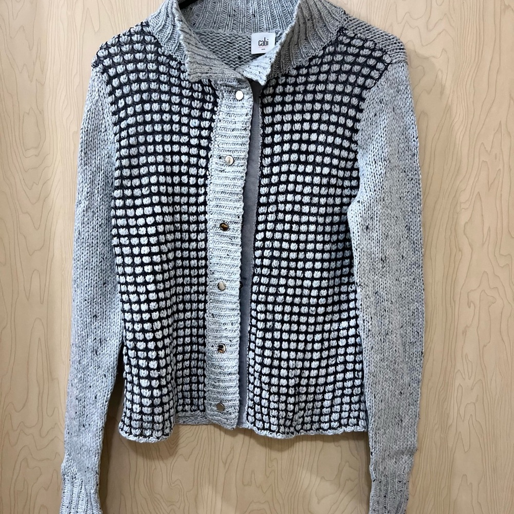 CAbi Gray and Black Cardigan Sweater with Houndstooth Design